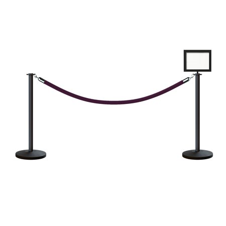 MONTOUR LINE Stanchion Post & Rope Kit Black 2FlatTop 1Purple Rope 8.5x11H Sign C-Kit-1-BK-FL-1-Tapped-1-8511-H-1-PVR-PE-PS